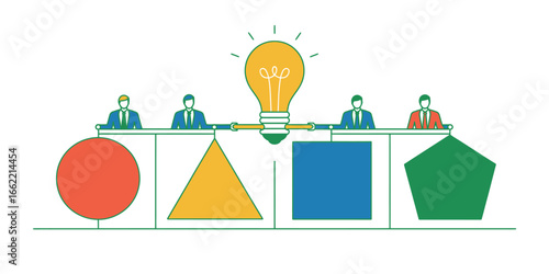 A lightbulb illuminating four business people above shapes in a flat vector illustration style