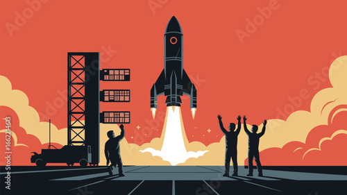 A stylized illustration of a rocket launching with people cheering on a launch pad against an orange sky
