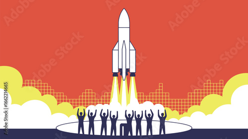 A rocket launching with people cheering in front of an orange background with yellow clouds and grid city