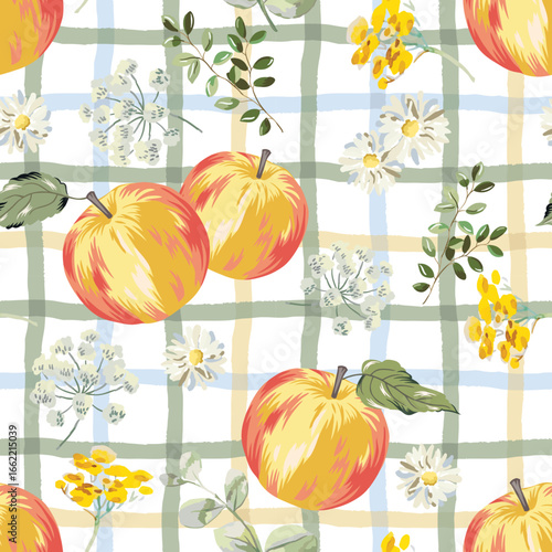 Apples, daisy flowers, green leaves, gingham background. Vector seamless pattern. Summer, autumn season illustration. Garden nature design