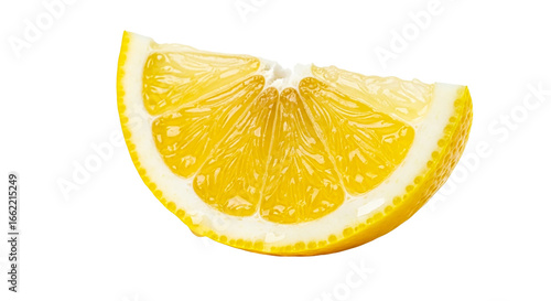 A vibrant close up of a juicy lemon wedge isolated on a stark showing citrus detail