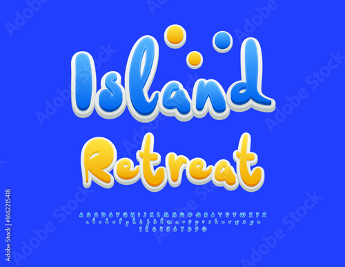 Vector Creative poster Island Retreat. Modern Blue Font. Digital Decorative Alphabet Letters and Numbers set.