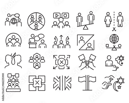 Set of outline icons related to social polarization. Linear icon collection