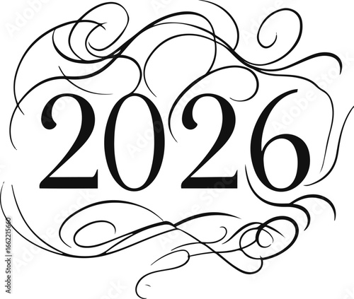 typography with elegant swirls – black and white line art, numbers 2026 decorated with flowing calligraphic swirls, minimal vector, isolated on a clean white background, with thin lines and subtle cur