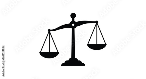A black silhouette of a balanced scale with two equal sides