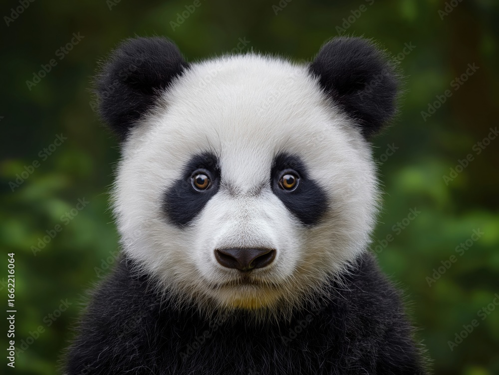Obraz premium Adorable panda bear with distinctive black and white fur, gazing curiously at the viewer, surrounded by lush greenery in a natural habitat, showcasing wildlife beauty and charm