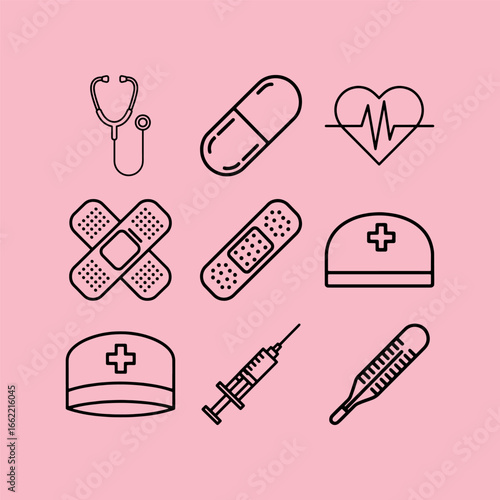 Medical Line Art Vector – Stethoscope and Heartbeat Monitor Icon on Blue Background