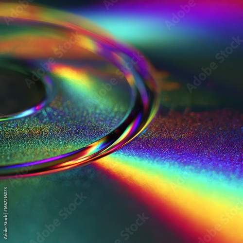 Close-up shot of a reflective disc surface, showcasing vibrant iridescent rainbow hues and subtle textural details