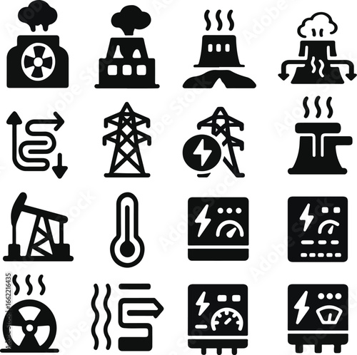 Energy and Industrial Icons Set – Power Plant, Electricity, Oil, and Geothermal Symbols Isolated on Transparent Background