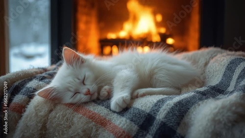 A serene white kitten peacefully sleeping on a cozy blanket by a crackling fireplace in winter