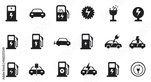 Electric vehicle charging station and car icons with lightning bolts and fuel pumps