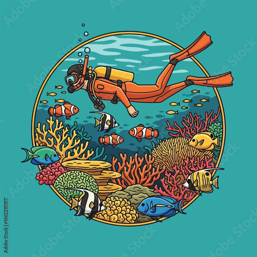 A diver explores a vibrant coral reef teeming with colorful fish in a circular underwater scene.