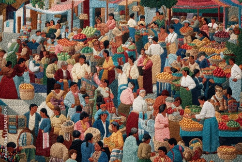 Vibrant Market Scene Embroidery: Crowded Marketplace with People and Produce Baskets