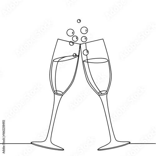 Two champagne glasses clinking with bubbles in minimal line art style  