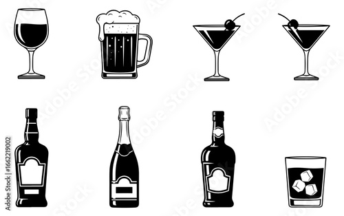Vector art of collection of alcoholic beverages and drinks in glasses and bottles