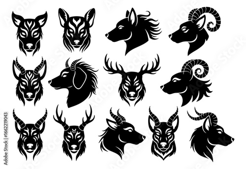 Vector art of collection of stylized animal heads including deer and ram