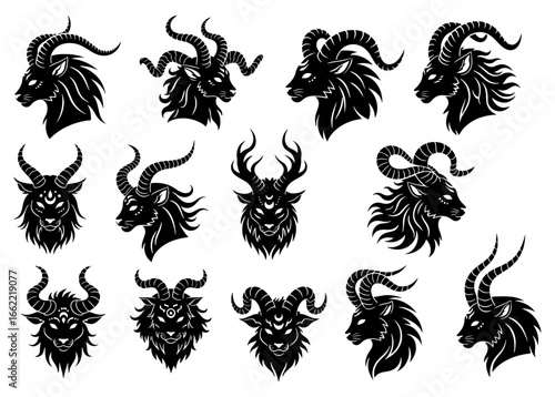 Vector art of set of demonic goat heads with intricate horns