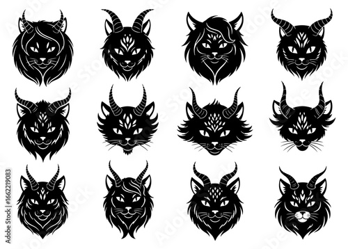 Vector art of collection of stylized black cat heads with demonic horns and glowing eyes