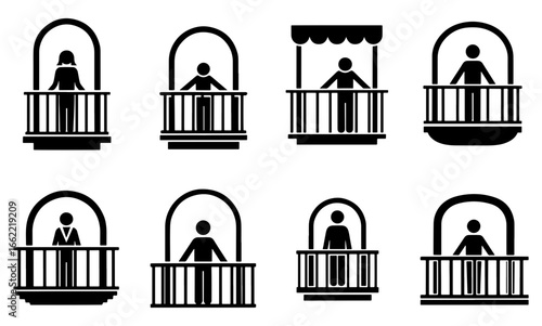 Vector art of people on balconies icon set representing different individuals and architectural styles