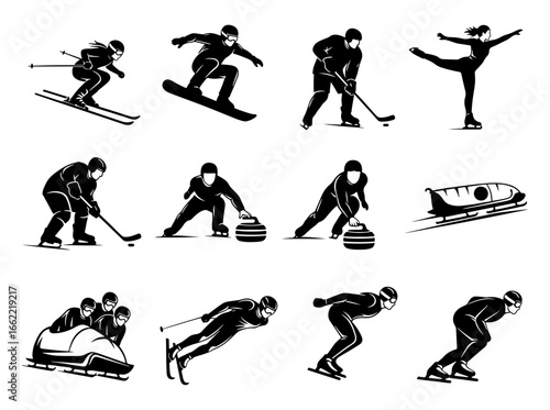 Vector art of set of winter sports icons showing athletes skiing, snowboarding, skating, hockey, curling, and bobsled