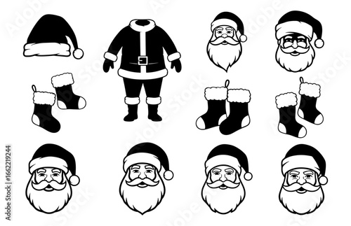 Vector art of christmas icons with santa claus face, hat, suit, and stockings