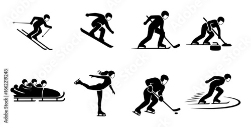 Vector art of collection of winter sports icons featuring skiing, snowboarding, ice hockey, skating, curling, and bobsleigh