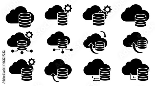 Vector art of cloud database icons with various data storage and network connection concepts