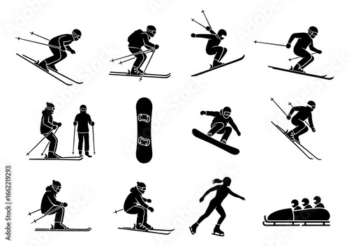 Vector art of collection of winter sport silhouettes including skiing, snowboarding, and bobsled