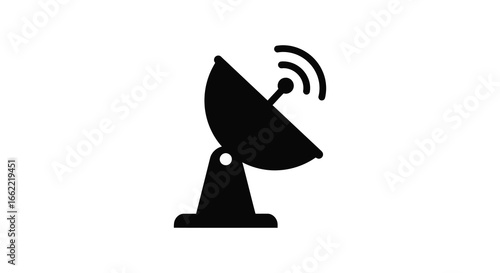 Black silhouette of a satellite dish on a white background with signal waves