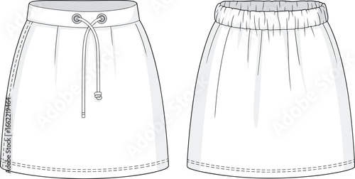 Front and back technical flat sketch of a women's casual mini skirt with drawstring and elastic waistband, vector fashion illustration