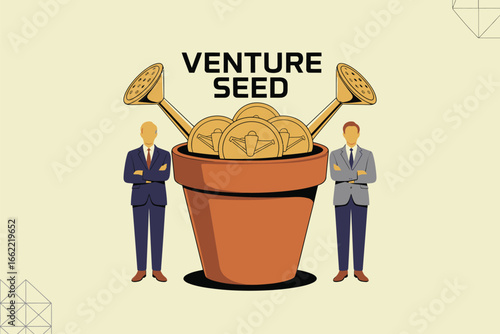 Illustration of venture seed concept with pot of coins and business people on a cream background