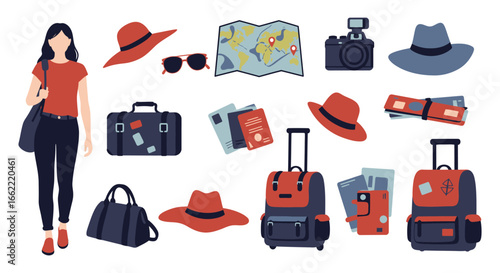 woman traveling with luggage and accessories for adventure