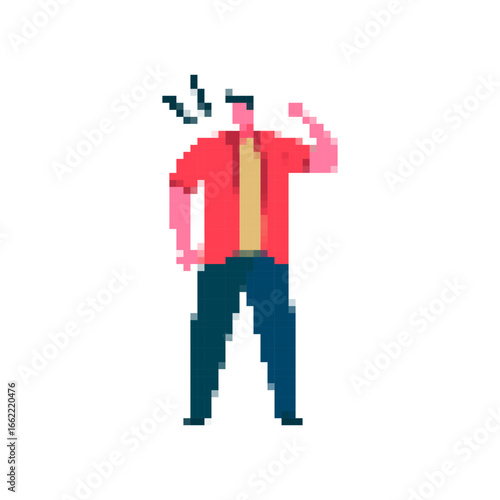 Pixel art of a man flexing arm in a red shirt, using a mosaic style. comic and expressive design.