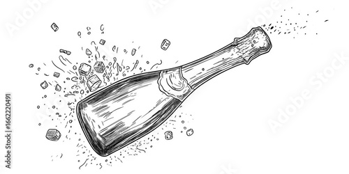 Line art drawing of champagne bottle with shooting cork illustration isolated on a transparent or white background, perfect for celebration, party, and festive designs.