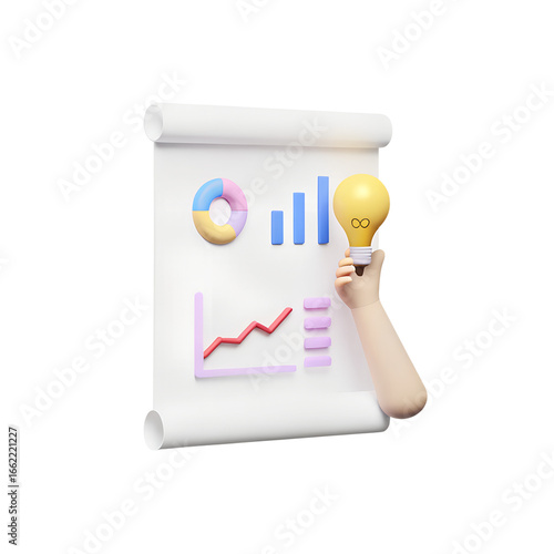3d checklist with light bulb, charts, graph analysis business financial data isolated. business strategy, evaluate the performance, idea tip, 3d render illustration