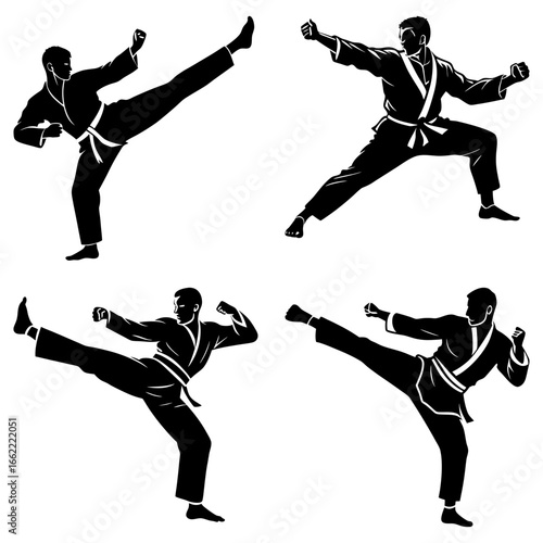 Four black and white silhouettes of men practicing karate with high kicks and defensive stances shown