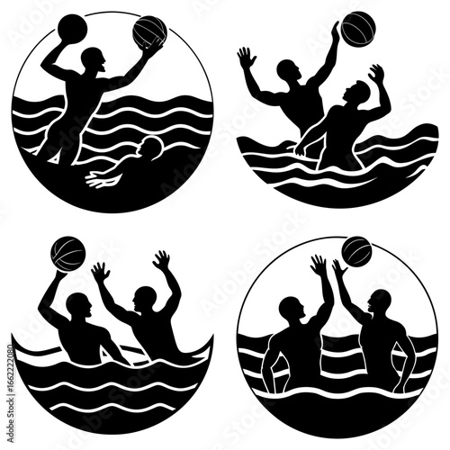 Silhouetted water polo players in action poses within circular frames on a white background design vector