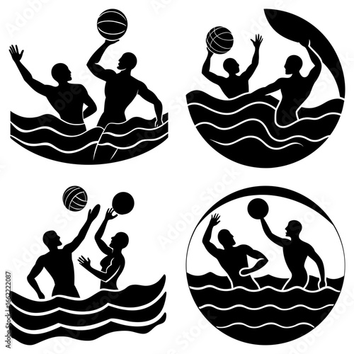 Four graphic water polo scenes showing players in action with ball in stylized black and white designs