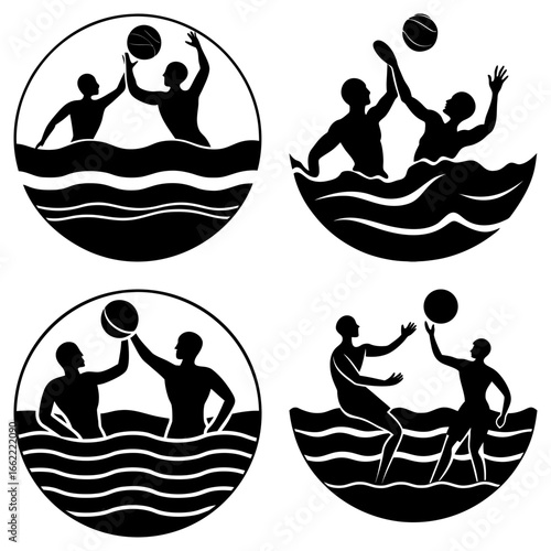 Four water polo scenes showing players in action with a ball in a circular black and white design set