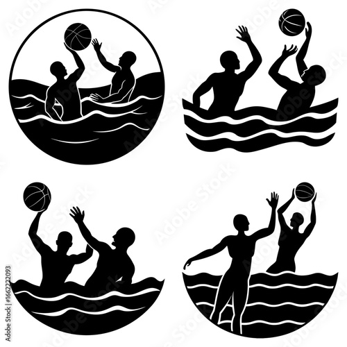 Four black and white water polo scenes with players in action and water waves in circular designs