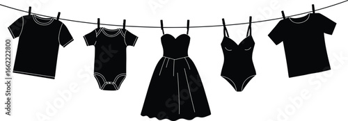 Clothing silhouette vector set, t-shirt, baby onesie, dress, bodysuit, hanging on clothesline, fashion, laundry, editable design
