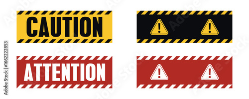 Caution and attention warning banners with exclamation mark symbols. Yellow and red danger signs with striped borders. Safety alert labels for construction, risk, accident, emergency and hazard design