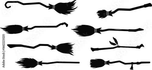 Magic broomstick silhouette collection, witch flying broom set, halloween decoration, fantasy object illustration, spooky witchcraft design