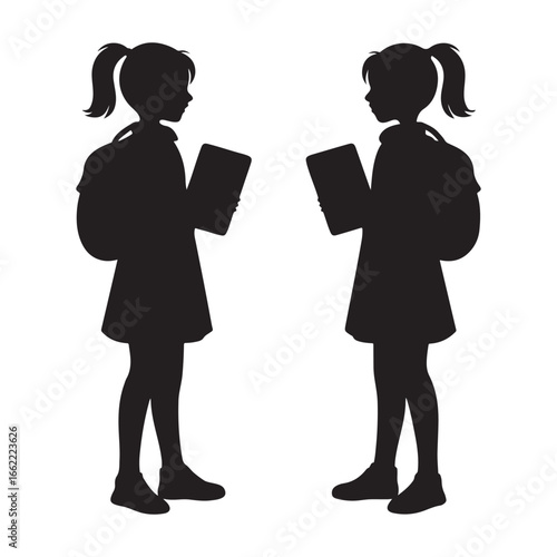 Two silhouetted schoolgirls holding books and wearing backpacks