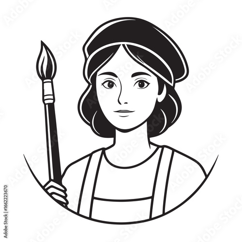Young artist with paintbrush and beret in sketchy style