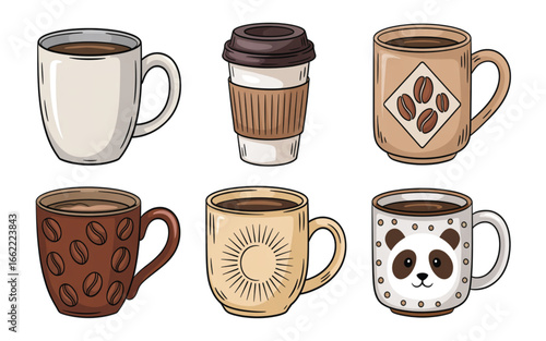 Assorted coffee cups and travel mug with various designs beverage