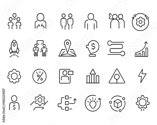 Set of outline icons related to startup. Linear icon collection