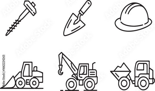 Set of construction tools and vehicles doodle art isolated on white background