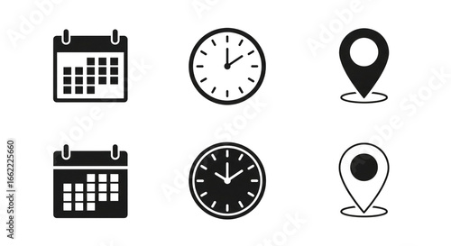 Collection of calendar clock and location pin icons for planning and navigation essentials