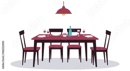 A dining table set for a meal with wine and a bottle